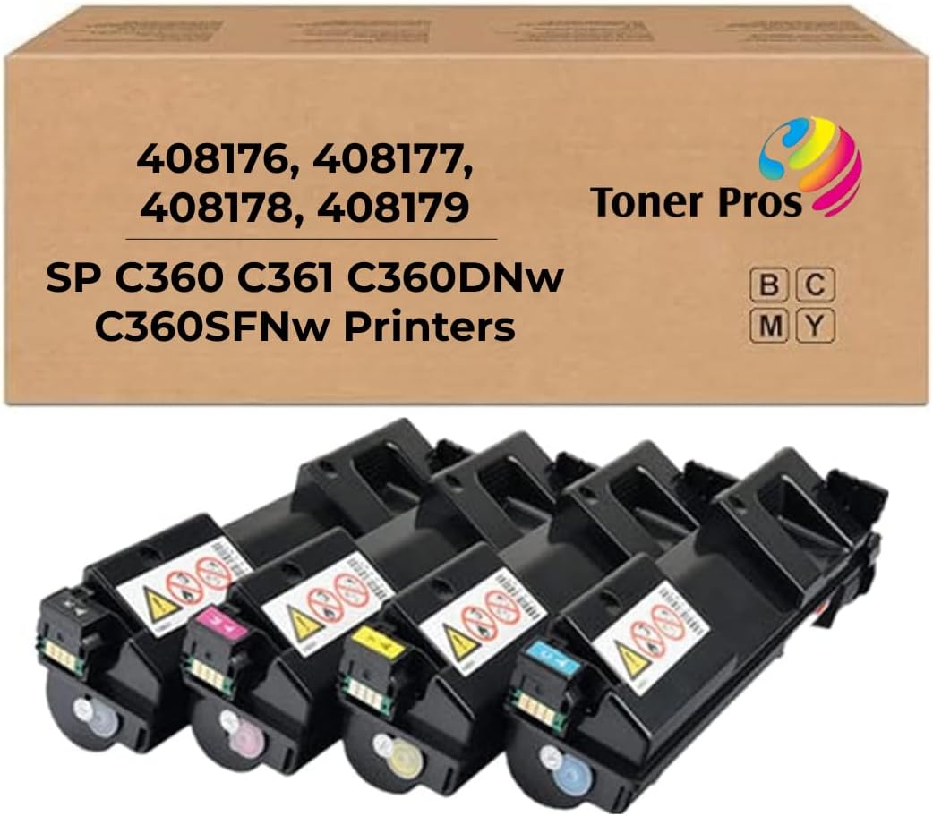 Toner Pros Replacement Toner Cartridge – Compatible for Ricoh SP C360 C361 C360DNw C360SFNw Printers – 4-Color Pack (408176, 408177, 408178, 408179), High Yield – Black 7,000 Pages, Color 5,000 Pages
