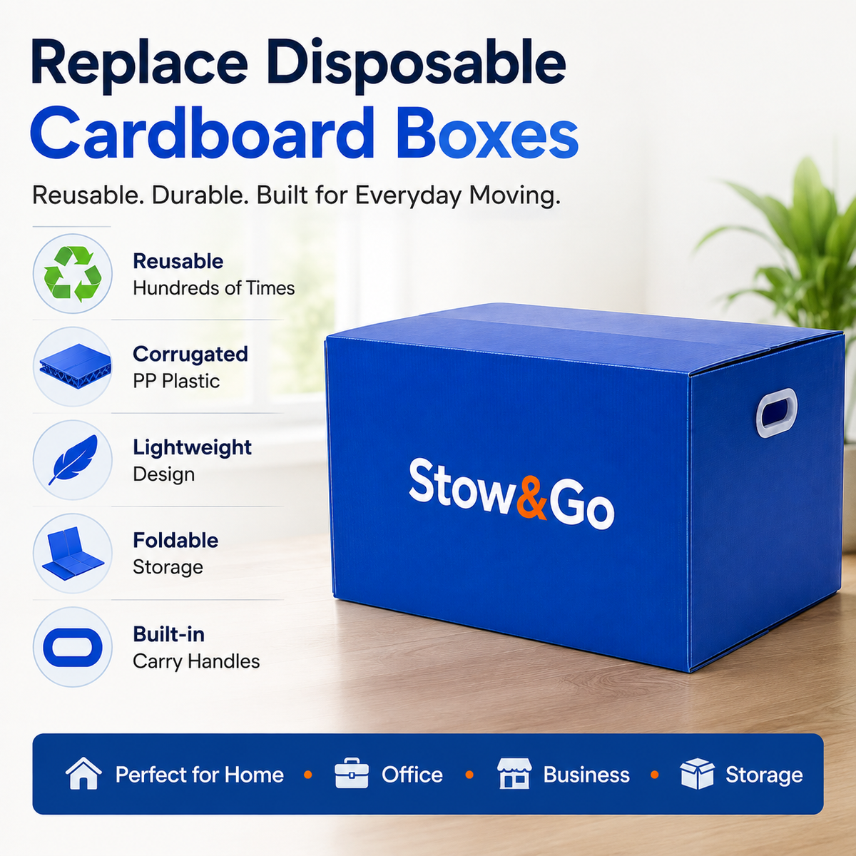 Stow & Go Reusable / Collapsible Plastic Moving / Storage Box (Blue)