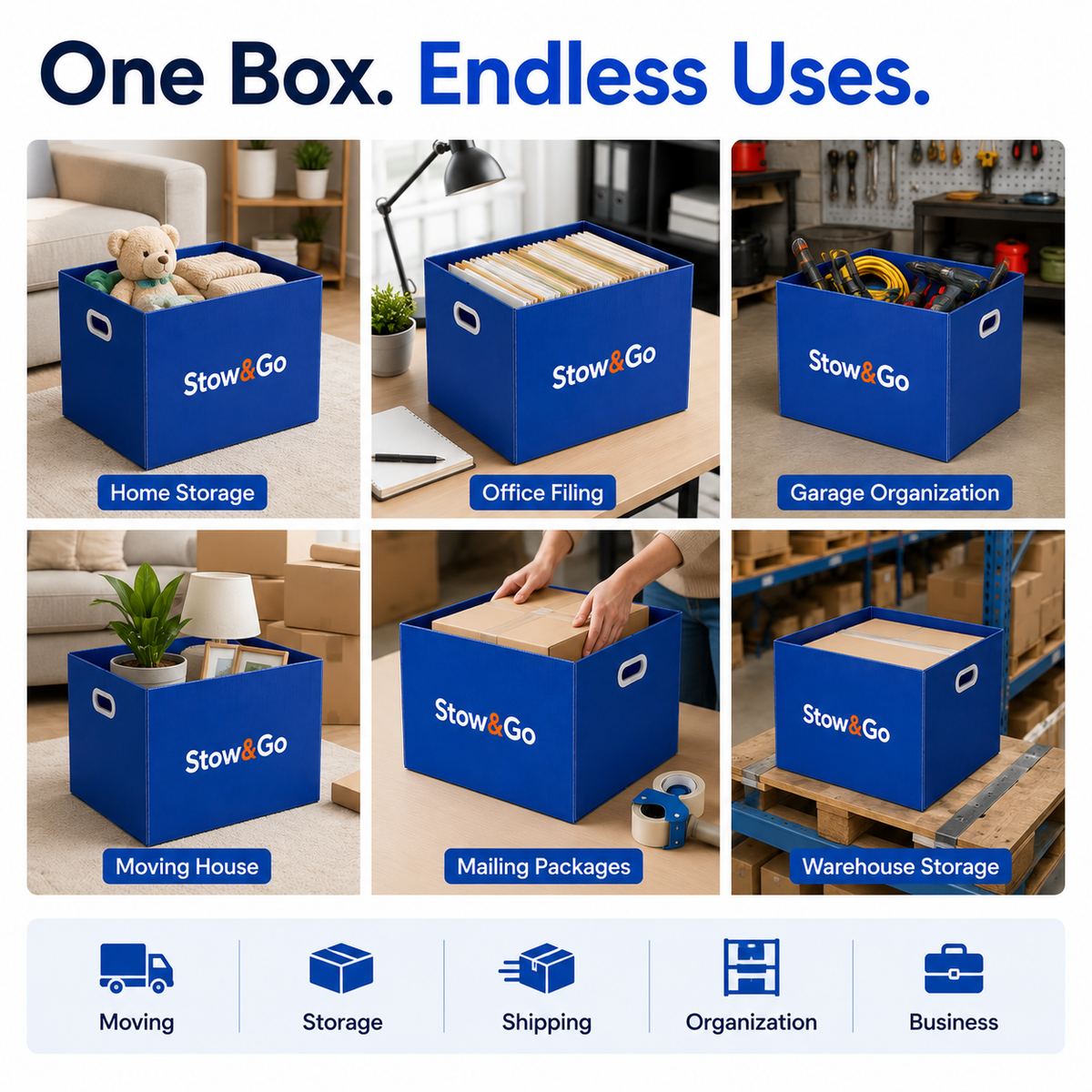 Stow & Go Reusable / Collapsible Plastic Moving / Storage Box (Blue)