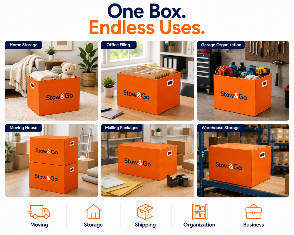 Stow & Go Reusable / Collapsible Plastic Moving / Storage Box (Orange)