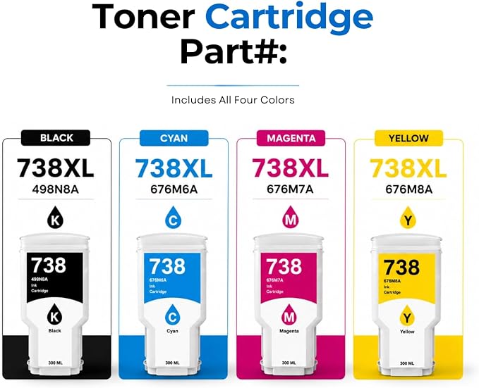 Toner Pros 738XL Ink Cartridge 4-Pack Compatible with DesignJet T850 & T950, 498N8A Black, 676M6A Cyan, 676M7A Magenta, 676M8A Yellow, 300mL Each, High Yield Wide Format
