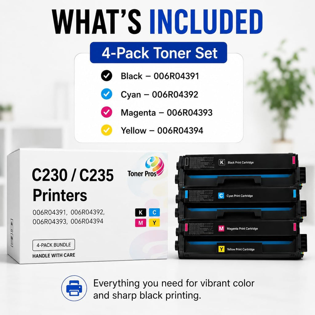 Toner Pros Compatible C230 C235 Toner Cartridge 4-Pack CMYK with Smart Chip | Compatible 4-pack CMYK toner set for C230 & C235 printers with smart chip and high page yield for reliable printing.