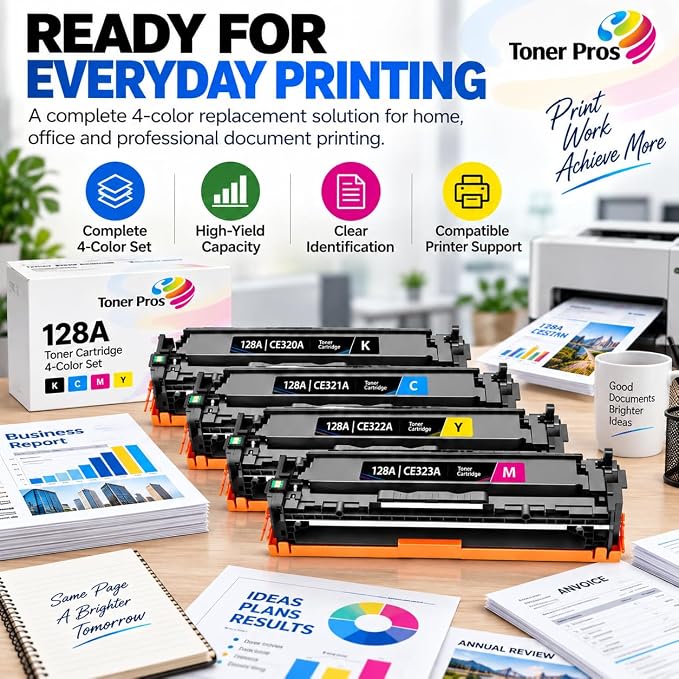 Toner Pros 128A Compatible Toner Cartridge 4-Pack, CE320A CE321A CE322A CE323A, Black Cyan Yellow Magenta, Replacement for Color MFP CM1415fn CM1415fnw & LaserJet Pro Color CP1525nw 4 Colors