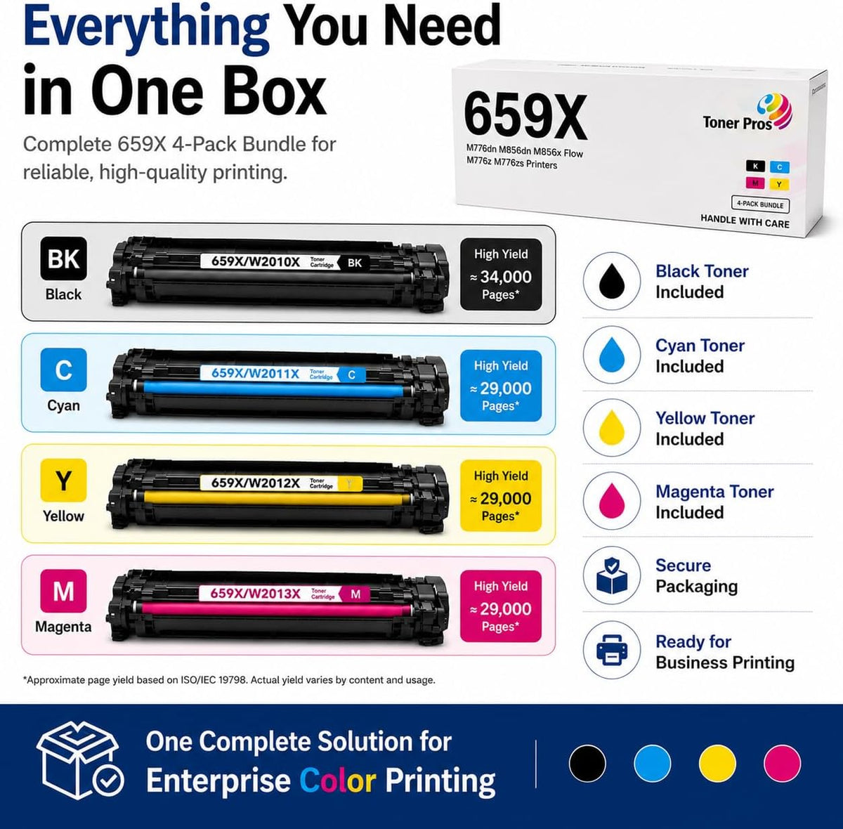Toner Pros Compatible HP 659X Toner Cartridge Combo Pack Replacement for HP W2010X W2011X W2012X W2013X | Black Cyan Yellow Magenta | for Color LaserJet M776dn M856dn M856x