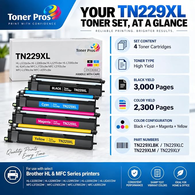 Toner Pros TN229XL 4-Pack Toner Cartridge Set, Compatible with HL-L3220CDW HL-L3280CDW HL-L3295CDW HL-L3300CDW HL-L8245CDW MFC-L3720CDW MFC-L3765CDW MFC-L3780CDW MFC-L8395CDW Color Laser Kit