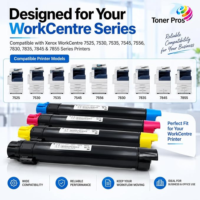 Toner Pros Compatible Toner Cartridge 4-Pack for Xerox WorkCentre 7525 7530 7535 7545 7556 7830 7835 7845 7855, 006R01513 006R01514 006R01515 006R01516, Black Cyan Magenta Yellow Office