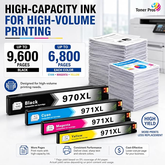 Toner Pros 970XL 971XL Ink Cartridge Replacement, 4-Pack for HP OfficeJet Pro X451dw X451dn X476dw X476dn X551dw X576dw, Black Cyan Magenta Yellow High Yield, 4-Color Office Printer Ink Pack