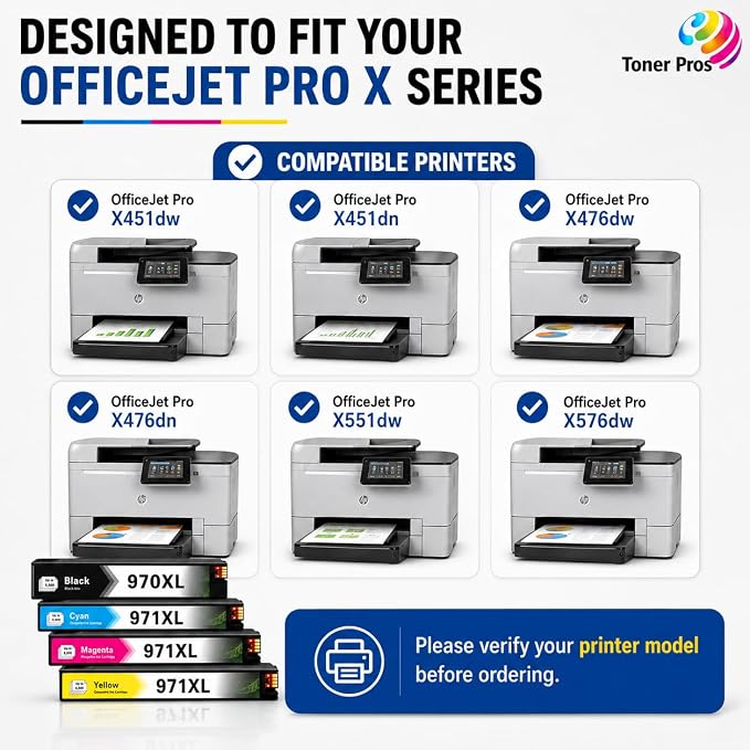 Toner Pros 970XL 971XL Ink Cartridge Replacement, 4-Pack for HP OfficeJet Pro X451dw X451dn X476dw X476dn X551dw X576dw, Black Cyan Magenta Yellow High Yield, 4-Color Office Printer Ink Pack