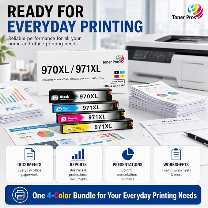 Toner Pros 970XL 971XL Ink Cartridge Replacement, 4-Pack for HP OfficeJet Pro X451dw X451dn X476dw X476dn X551dw X576dw, Black Cyan Magenta Yellow High Yield, 4-Color Office Printer Ink Pack