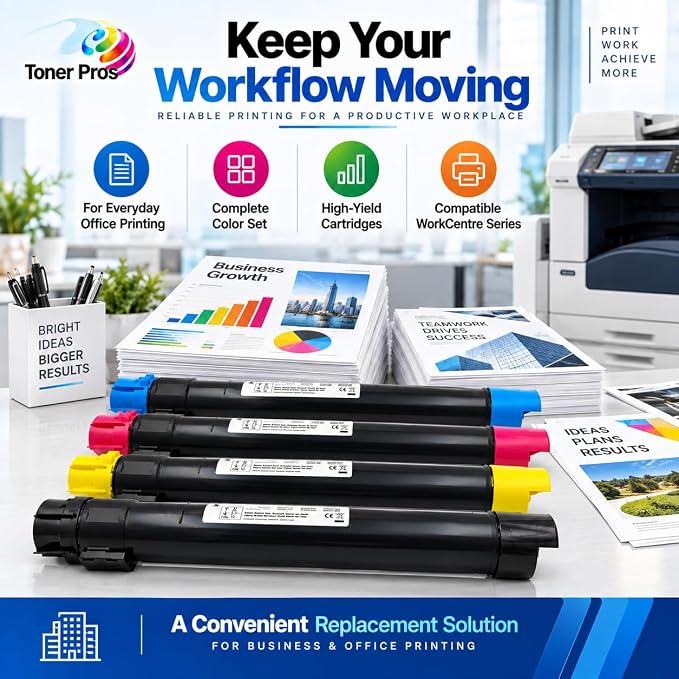 Toner Pros Compatible Toner Cartridge 4-Pack for Xerox WorkCentre 7525 7530 7535 7545 7556 7830 7835 7845 7855, 006R01513 006R01514 006R01515 006R01516, Black Cyan Magenta Yellow Office