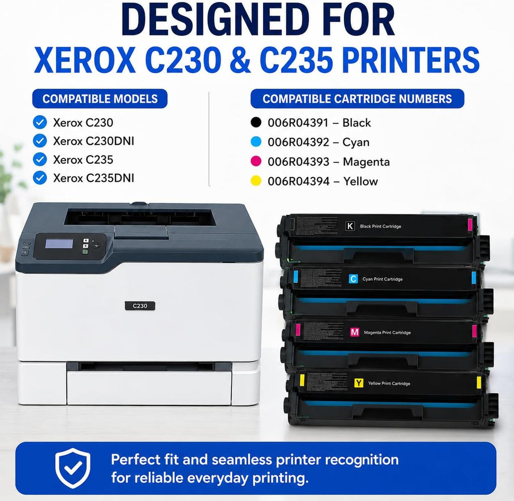 Toner Pros Compatible C230 C235 Toner Cartridge 4-Pack CMYK with Smart Chip | Compatible 4-pack CMYK toner set for C230 & C235 printers with smart chip and high page yield for reliable printing.