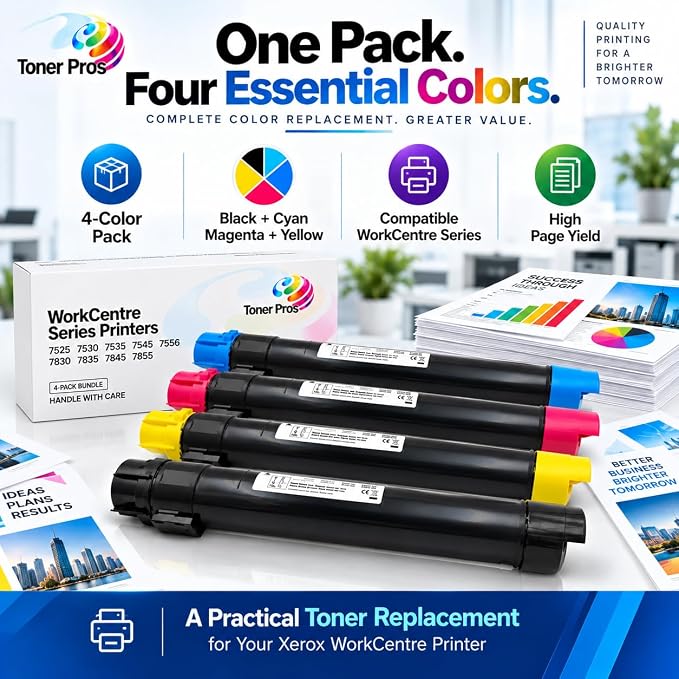 Toner Pros Compatible Toner Cartridge 4-Pack for Xerox WorkCentre 7525 7530 7535 7545 7556 7830 7835 7845 7855, 006R01513 006R01514 006R01515 006R01516, Black Cyan Magenta Yellow Office