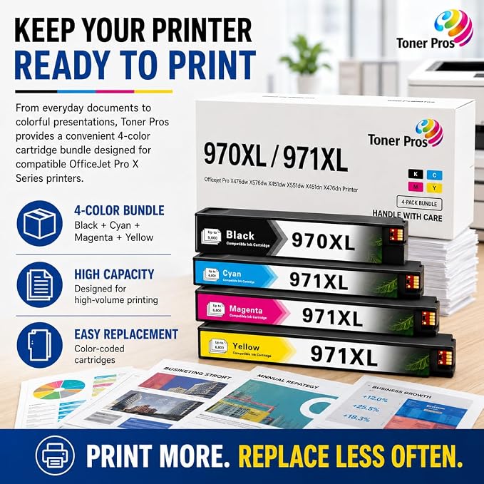 Toner Pros 970XL 971XL Ink Cartridge Replacement, 4-Pack for HP OfficeJet Pro X451dw X451dn X476dw X476dn X551dw X576dw, Black Cyan Magenta Yellow High Yield, 4-Color Office Printer Ink Pack