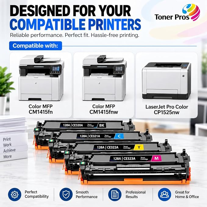 Toner Pros 128A Compatible Toner Cartridge 4-Pack, CE320A CE321A CE322A CE323A, Black Cyan Yellow Magenta, Replacement for Color MFP CM1415fn CM1415fnw & LaserJet Pro Color CP1525nw 4 Colors