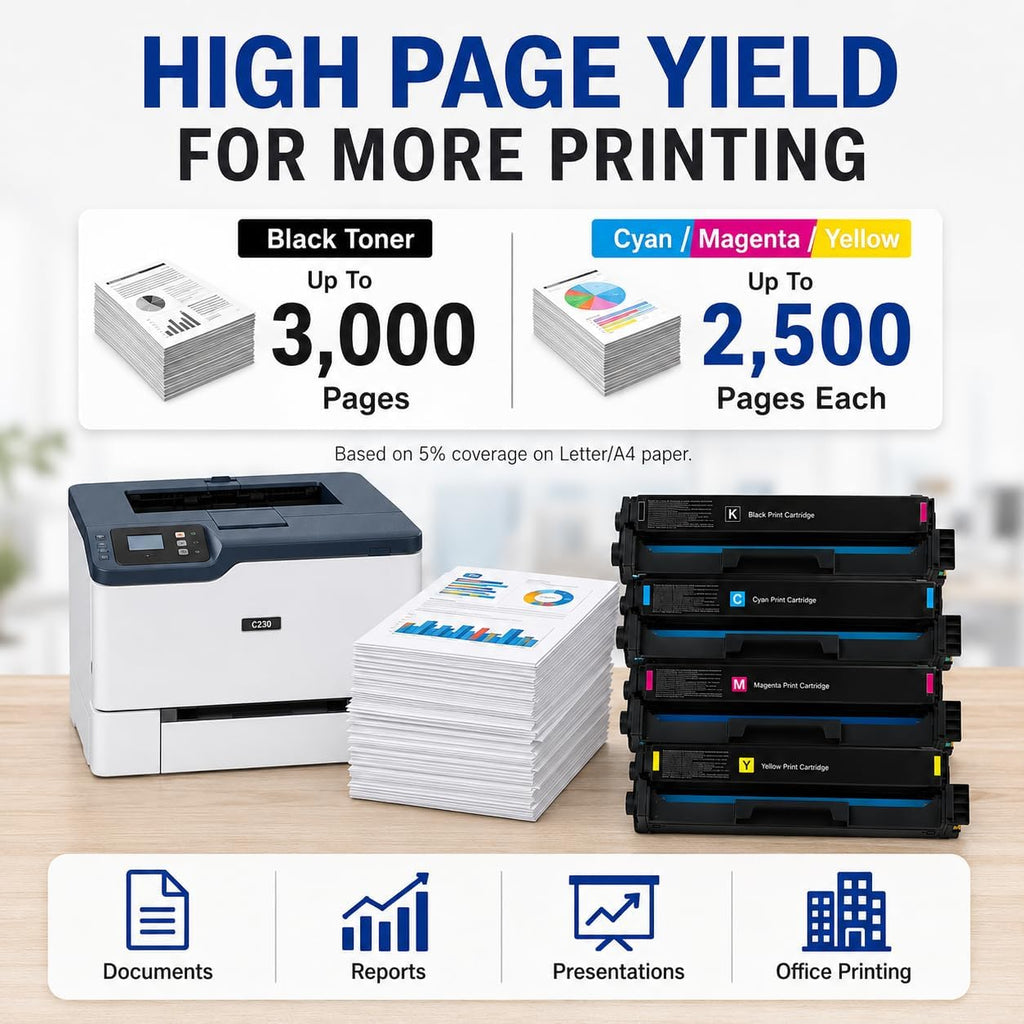Toner Pros Compatible C230 C235 Toner Cartridge 4-Pack CMYK with Smart Chip | Compatible 4-pack CMYK toner set for C230 & C235 printers with smart chip and high page yield for reliable printing.