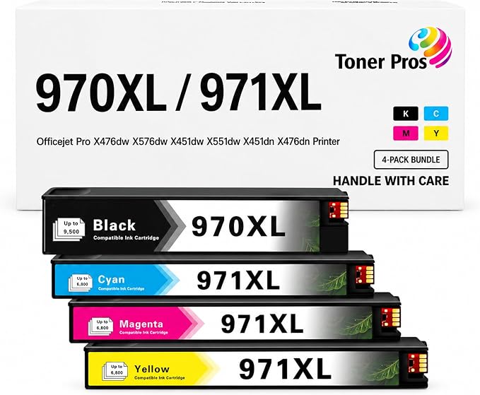 Toner Pros 970XL 971XL Ink Cartridge Replacement, 4-Pack for HP OfficeJet Pro X451dw X451dn X476dw X476dn X551dw X576dw, Black Cyan Magenta Yellow High Yield, 4-Color Office Printer Ink Pack