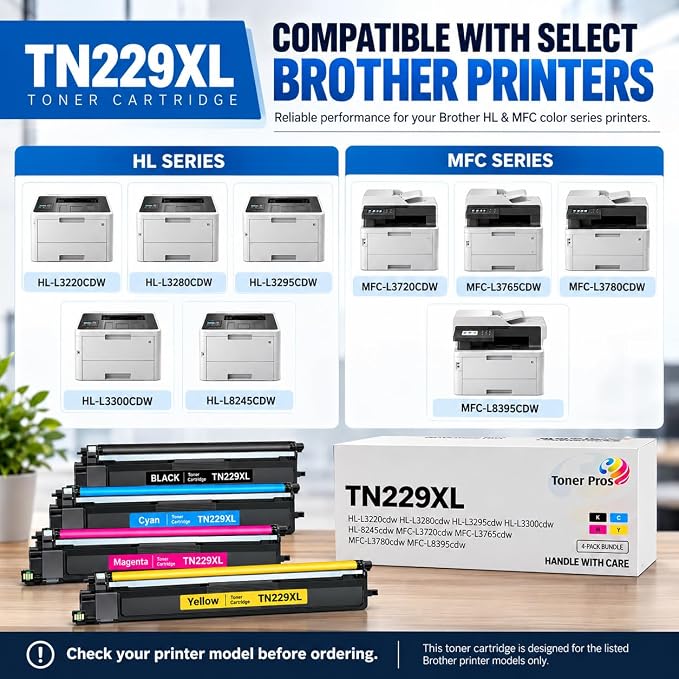 Toner Pros TN229XL 4-Pack Toner Cartridge Set, Compatible with HL-L3220CDW HL-L3280CDW HL-L3295CDW HL-L3300CDW HL-L8245CDW MFC-L3720CDW MFC-L3765CDW MFC-L3780CDW MFC-L8395CDW Color Laser Kit