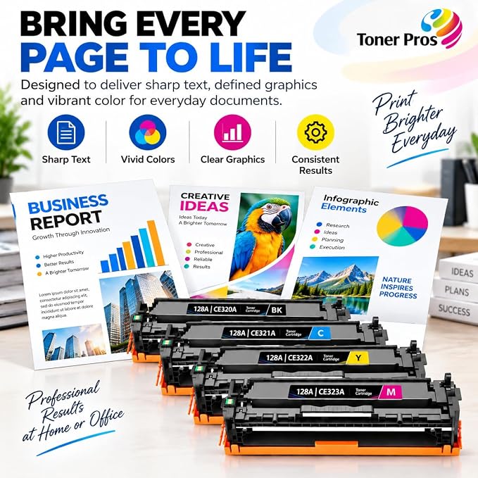 Toner Pros 128A Compatible Toner Cartridge 4-Pack, CE320A CE321A CE322A CE323A, Black Cyan Yellow Magenta, Replacement for Color MFP CM1415fn CM1415fnw & LaserJet Pro Color CP1525nw 4 Colors