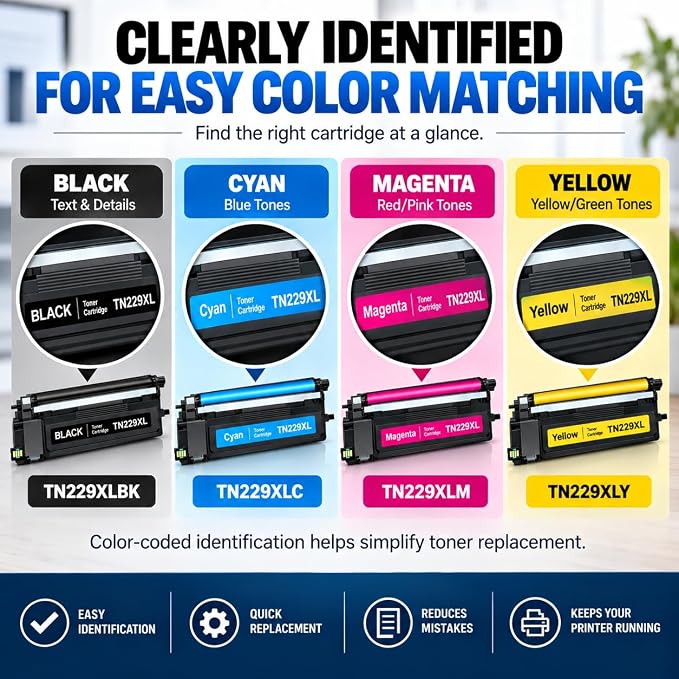 Toner Pros TN229XL 4-Pack Toner Cartridge Set, Compatible with HL-L3220CDW HL-L3280CDW HL-L3295CDW HL-L3300CDW HL-L8245CDW MFC-L3720CDW MFC-L3765CDW MFC-L3780CDW MFC-L8395CDW Color Laser Kit