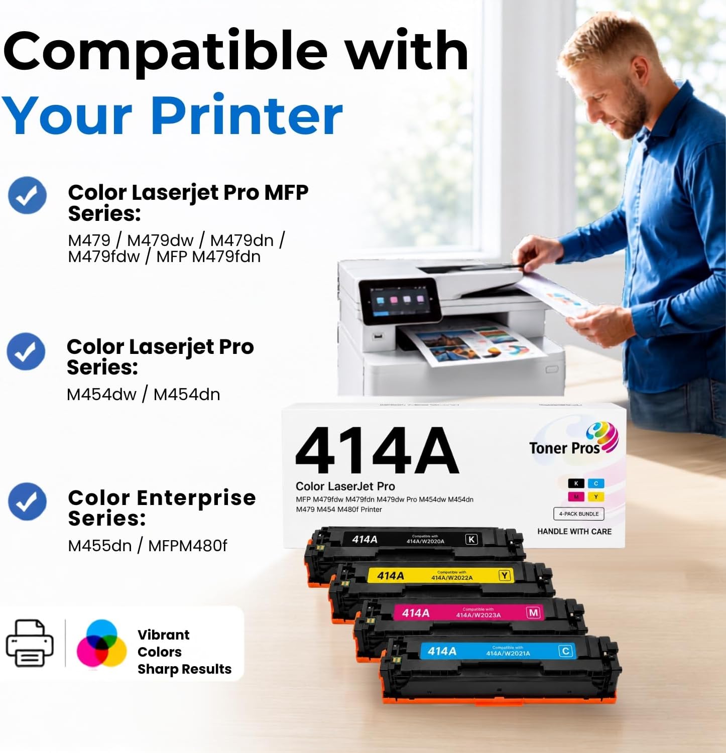 Toner Pros 414A Toner Cartridges 4-Color-Pack, Replacement for W2020A, W2021A, W2022A, W2023A, Compatible with HP MFP M479fdw LaserJet Pro M454dw M454dn M480f M455dn Printers
