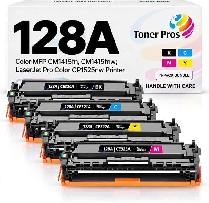 Toner Pros 128A Compatible Toner Cartridge 4-Pack, CE320A CE321A CE322A CE323A, Black Cyan Yellow Magenta, Replacement for Color MFP CM1415fn CM1415fnw & LaserJet Pro Color CP1525nw 4 Colors