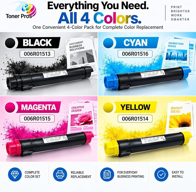 Toner Pros Compatible Toner Cartridge 4-Pack for Xerox WorkCentre 7525 7530 7535 7545 7556 7830 7835 7845 7855, 006R01513 006R01514 006R01515 006R01516, Black Cyan Magenta Yellow Office