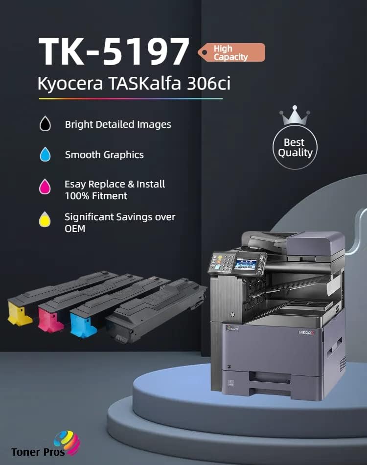 4 Color Pack Compatible Toner Cartridge Replacement for TK-5197 for Kyocera TASKalfa 306ci Color Multifunction Printer - Black 15,000 Pages & Colors 7,000 Pages